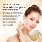 Woman with glowing skin holding her face, with text about rice extract skincare product.