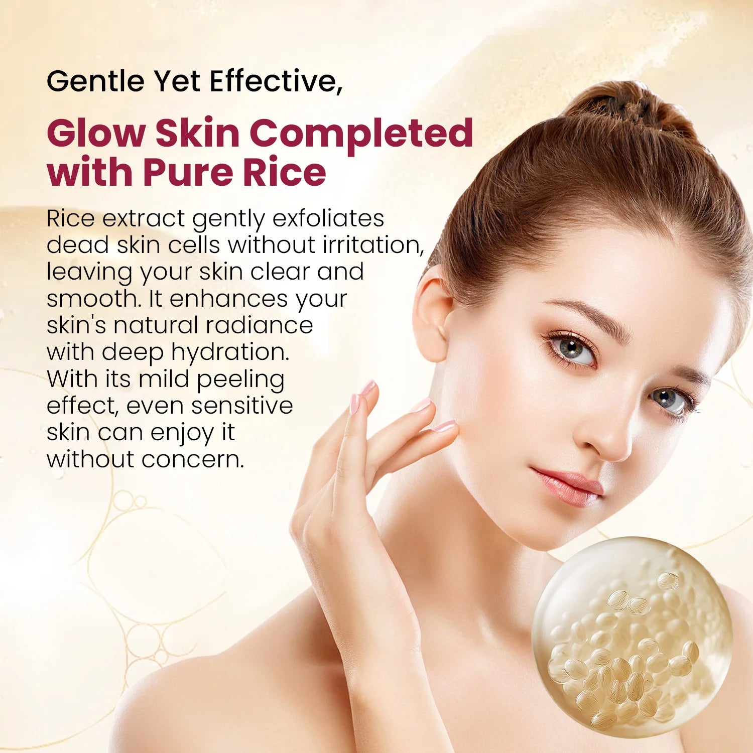 Woman with glowing skin holding her face, with text about rice extract skincare product.