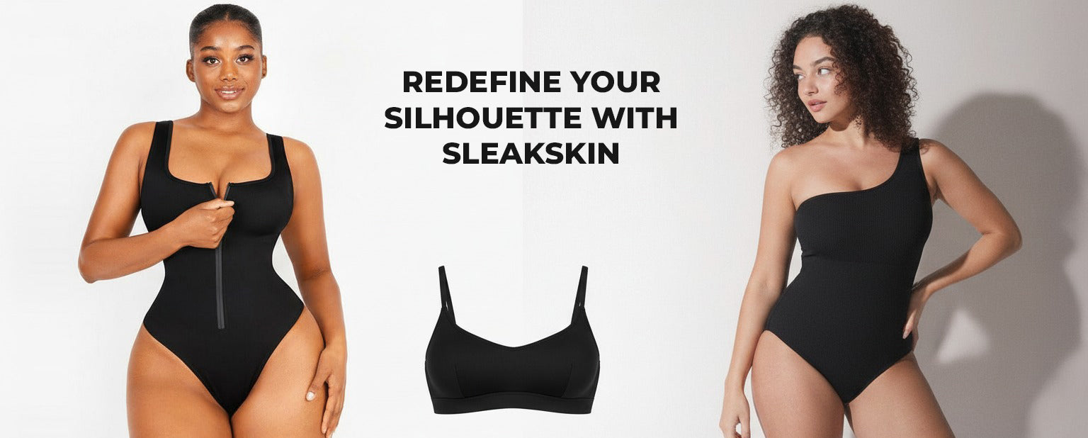 Two models wearing black bodysuits with text promoting Sleakskin brand.
